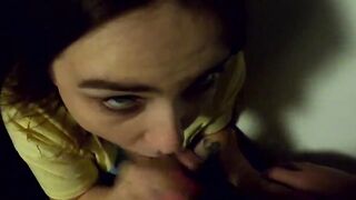 The women give a oral sex on a outdoors balcony, and then walks with a cum on her face