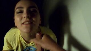 The women give a oral sex on a outdoors balcony, and then walks with a cum on her face