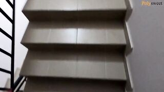 The women give a oral sex on a outdoors balcony, and then walks with a cum on her face