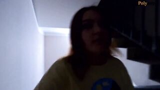 The women give a oral sex on a outdoors balcony, and then walks with a cum on her face