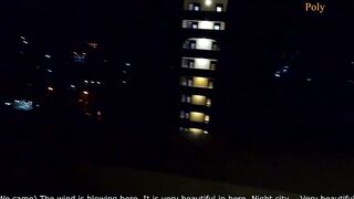 The women give a oral sex on a outdoors balcony, and then walks with a cum on her face