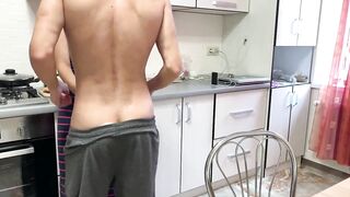 Real russian sex of a great lovers into the kitchen, cum on booty