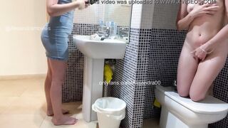 I'm masturbating into the WC and my stepsister comes into to look at herself into the mirror