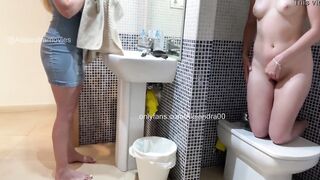 I'm masturbating into the WC and my stepsister comes into to look at herself into the mirror