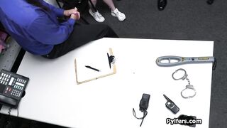 Blonde thief gags on 2 security guards at the office