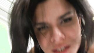 Bombshell dark haired t-girl long breasts got anal pounded