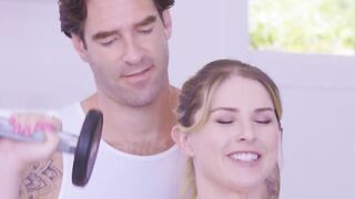 Blonde big tit gets horny for cock during workout
