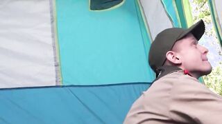 Skinny twink zippers up the tent for a hot banging