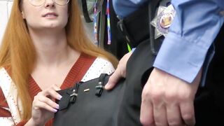 Geeky redhead teen chick caught by a cop