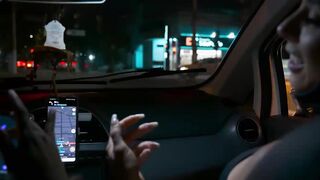 Busty brunette shows her wet pussy to a married taxi driver.
