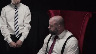 Bishop Angus wallops the Apprentice Austin Young's butt cheeks as his disciplinary re