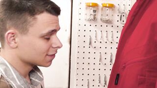 The Janitor Adam Ryan got a blazing blowjob and deepthroat from the young twink