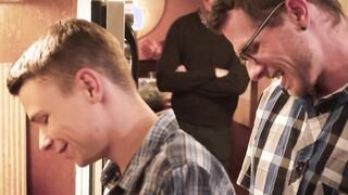 The guest Alex Killian bare fucking the host's boy Austing Young over the stove