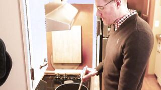 The guest Alex Killian bare fucking the host's boy Austing Young over the stove