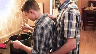 The guest Alex Killian bare fucking the host's boy Austing Young over the stove