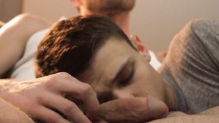 Austin Young tools his dad Alex Killian's erection in his hand and blowjobs it erotic