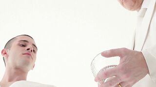 Oliver James showed a prominent erection as the master began to fondle his nuts and s