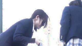 Japanese chicks in school uniform pee on the seat outside