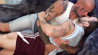 Sean dives between Jesse Diamond's legs to lap at his loins and tease his knob with h