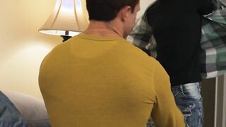The DILF moans loudly before pulling his cock out of Asher Richard's hole to cum on t