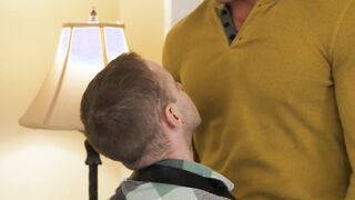 The DILF moans loudly before pulling his cock out of Asher Richard's hole to cum on t