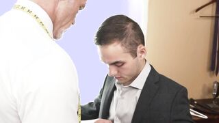 Gay Marcus Rtder swallows Mr Steele's cock and gags while deep throating it