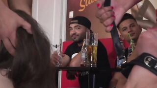 Two sex slaves fucked in public