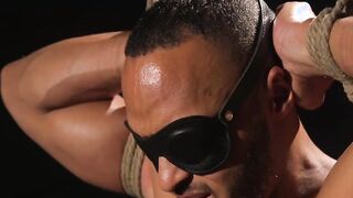 Suspended gay Dillon Diaz made to cum in threesome BDSM