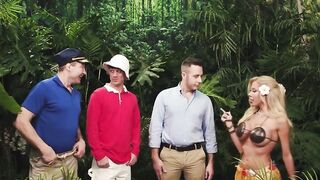 Three lucky dudes meet gorgeous TS in the jungle