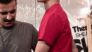 Hot twink Jack Andram seduces DILF coach and breeds his tight asshole in the stockroo