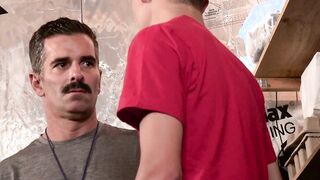 Hot twink Jack Andram seduces DILF coach and breeds his tight asshole in the stockroo