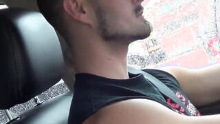 Horny lanky stud Benji Banks strokes his cock in the back seat until he's ready to cu