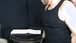 Logan Carter gives the bottom slave a deep throat fuck and Riley gags as he takes the
