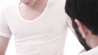 Master Tucker Barett teased the boy's hardon with his lips and the tip of his tongue