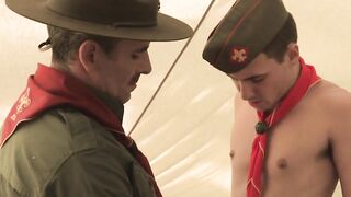 Johnny Hunter got his anal rammed by Scoutmaster Cox while sucking Sargent's dick in