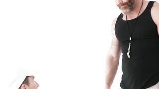 Hairy daddy bear pampers college twink Tyler Tanner with a deep throat blowjob
