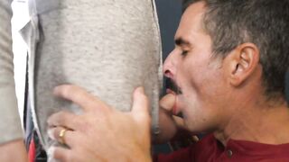 Mitch Cox barebacks Austin doggy style on the stairs before moving him to the ladder