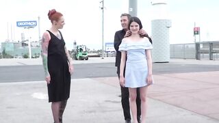 Woman enjoys in public degradation