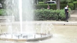 Woman enjoys in public degradation