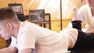 Dr. Wolf pulled out his cock and began stroking son Felix Maze's pink hole