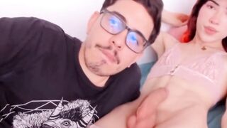 Nerdy dude enjoy to tease futanari cock.