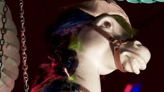 Tied up babe Liz Rainbow performs public oral sex