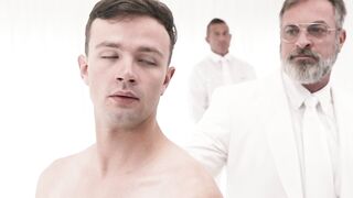 The gay apprentice choked as he blowjobs and deepthroats Kristopher Weston's massive