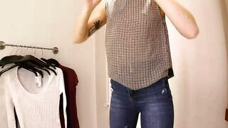 Goddess teenie with tiny titties try-on haul slender blouses, pullovers into dressing room.