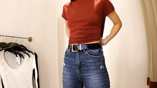 Goddess teenie with tiny titties try-on haul slender blouses, pullovers into dressing room.