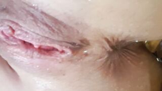 Close up Glass Toy to Butt with Intense Squirting!