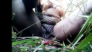Dirty chick masturbating into outdoors