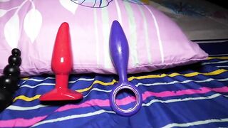 Busty asian ladyboy testing her dildos