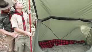 Landon Davis blowjobs and deepthroats the scoutmaster and gets fucked in doggy-style