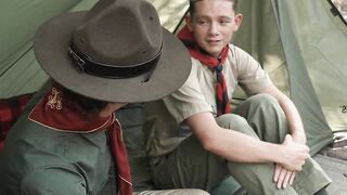 Landon Davis blowjobs and deepthroats the scoutmaster and gets fucked in doggy-style